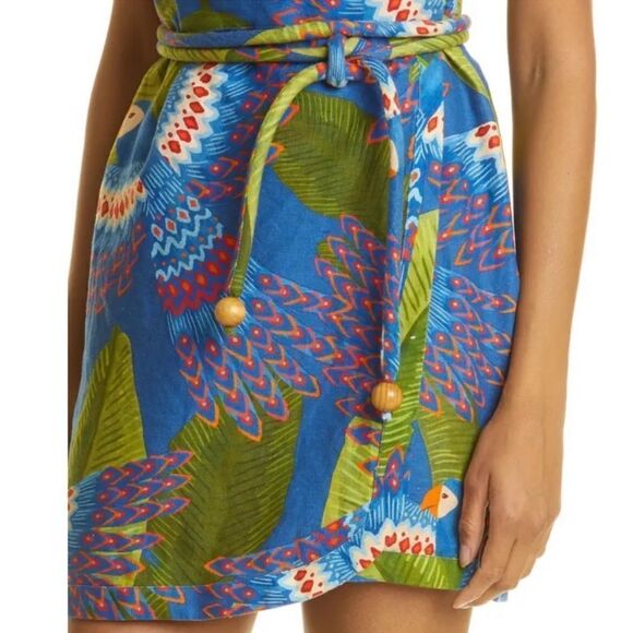 NWT FARM Rio Macaw Mini Dress Large Blue Green 100% Linen Tropical Nordstrom - Picture 3 of 8